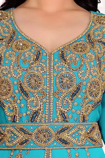 Cyan color Full Sleeves Handmade Moroccan Kaftan 