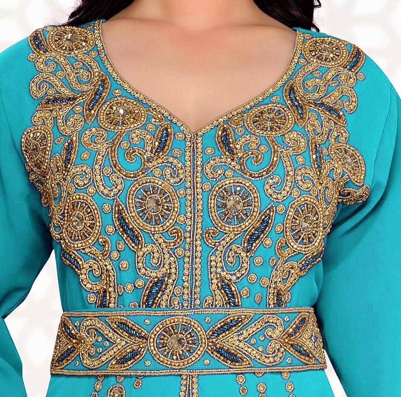 Cyan color luxurious Full Sleeves Handmade Moroccan Kaftan .