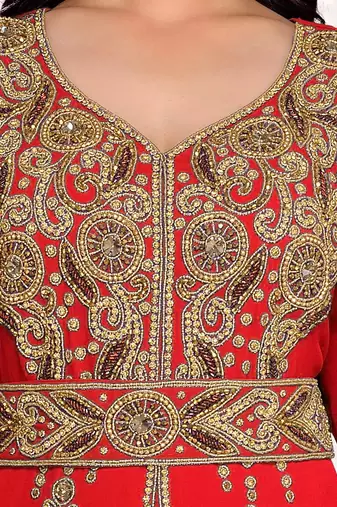 Red color Full Sleeves Handmade Moroccan Kaftan 