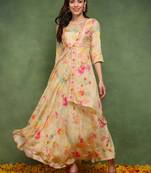 women cream silk blend floral embroidered maxi ethnic dress with longline shrug