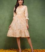 women peach cotton abstract printed fit and flare ethnic dress