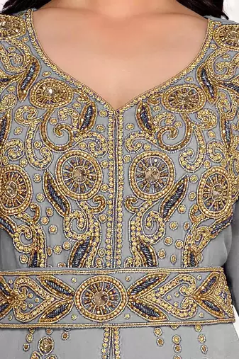 Gray color Full Sleeves Handmade Moroccan Kaftan 