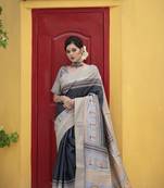 Grey Soft Tussar Silk Zari Weaving Saree Festive Wear