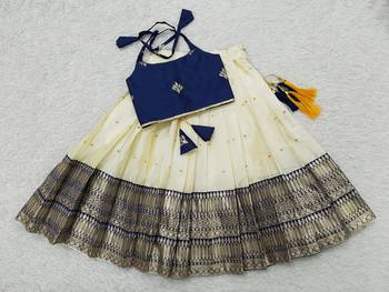Art Silk Aari Work Navy Blue and Cream Kids Lehenga Choli 1