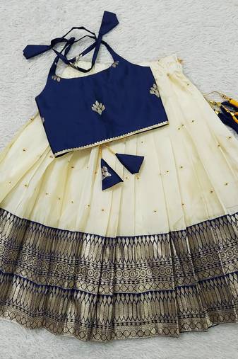 Art Silk Aari Work Navy Blue and Cream Kids Lehenga Choli