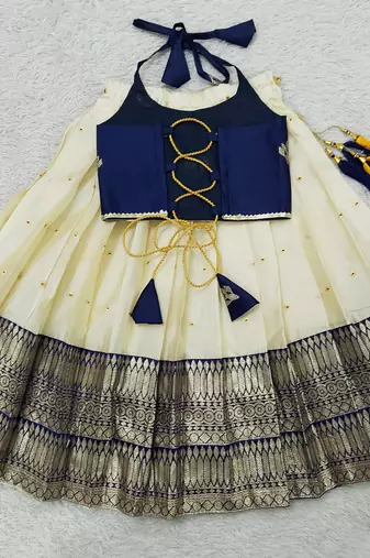 Art Silk Aari Work Navy Blue and Cream Kids Lehenga Choli
