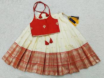 Red and White Art Silk Woven Lehenga Choli for Kids 1