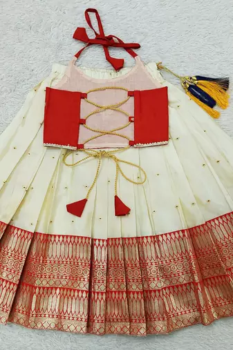 Red and White Art Silk Woven Lehenga Choli for Kids
