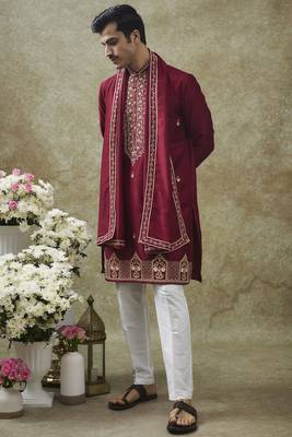 Cherry red splendid silk resham kurta pajama set 1