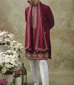 Cherry red splendid silk resham kurta pajama set