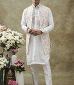 Daisy white splendid silk open koti set