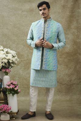 Turquoise art silk koti kurta set 1
