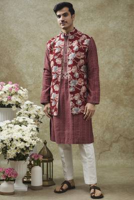 Apple red splendid silk kurta jacket set 1