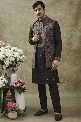 Coal black splendid silk kurta jacket set 1