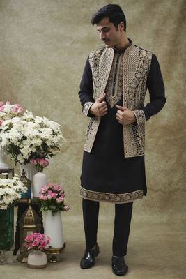 Jet black splendid silk jacket kurta set 1