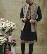 Jet black splendid silk jacket kurta set