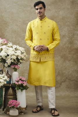 Sunglow yellow splendid silk kurta jacket set 1