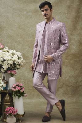 Purple splendid silk open indo western set 1
