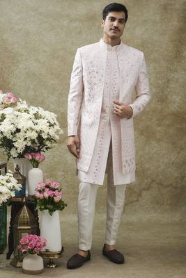 Pearl white splendid silk open indo western set 1