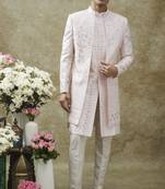 Pearl white splendid silk open indo western set