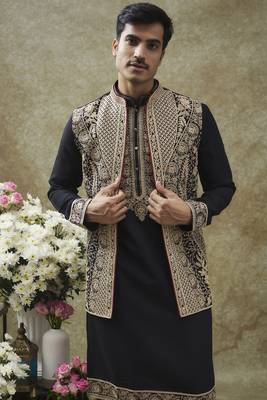 Jet black splendid silk jacket kurta set 4