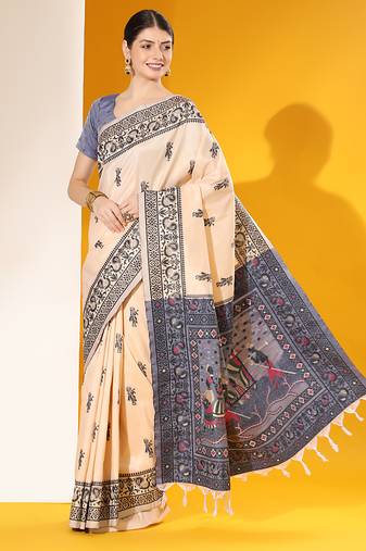 Off White Silk Blend Weaving Saree Festive Wear