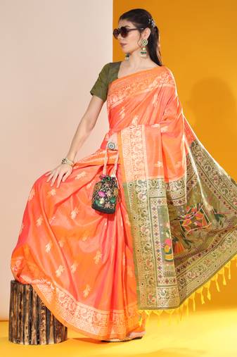 Orange Silk Blend Weaving Saree Festive Wear