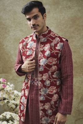 Apple red splendid silk kurta jacket set 4