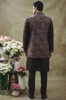 Coal black splendid silk kurta jacket set 2