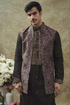 Coal black splendid silk kurta jacket set 3