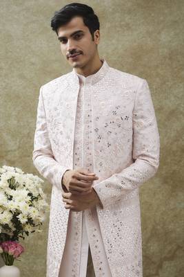 Pearl white splendid silk open indo western set 4