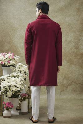 Cherry red splendid silk resham kurta pajama set 2