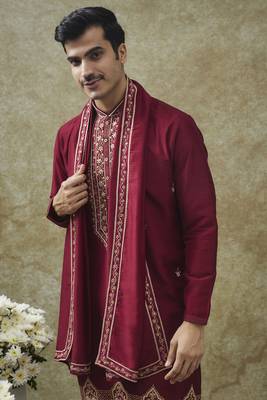Cherry red splendid silk resham kurta pajama set 4