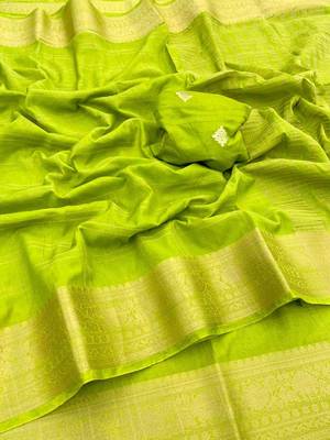 Parrot Green Pure Geaorgette Saree With Visose Border And Designer Sequnce Jequuard Blouse 1