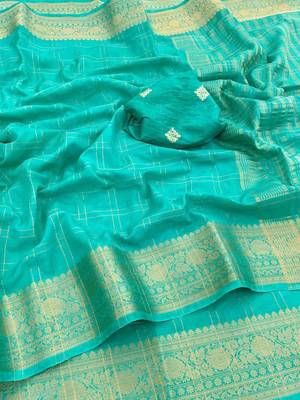 Light Blue Pure Geaorgette Saree With Visose Border And Designer Sequnce Jequuard Blouse 1