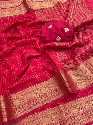 Red Pure Geaorgette Saree With Visose Border And Designer Sequnce Jequuard Blouse 1