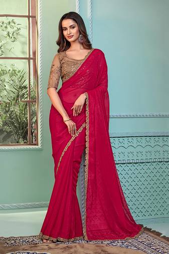 Dark Pink Colour Rainbow Georgette Designer Saree By Monjolika Fashion