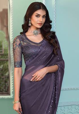 Dark Grey Colour Crystal Georgette Saree 2