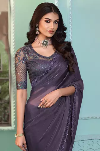 Dark Grey Colour Crystal Georgette Saree
