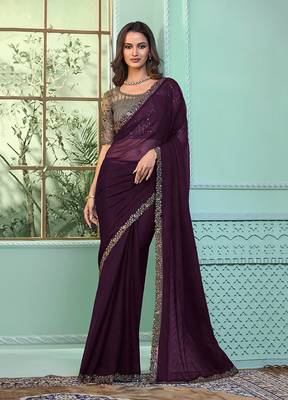 Dark wine colour chiffon saree 1