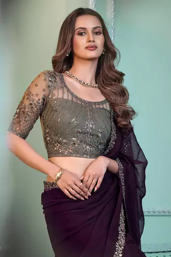 Dark wine colour chiffon saree