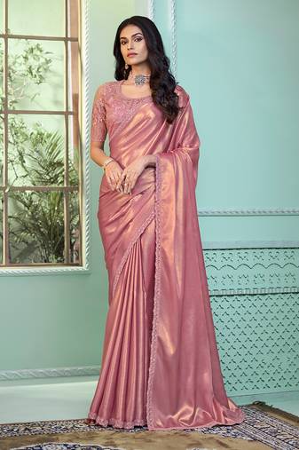 Salmon Colour Shimmer Georgette Designer Saree By Monjolika Fashion