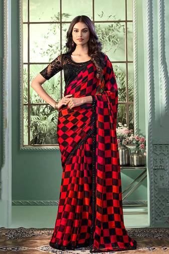 Red Colour Chiffon Designer Saree By Monjolika Fashion