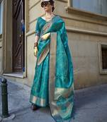 Monjolika Fashion'S Blue Colour Organza Sarees With Blouse