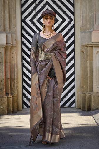 Monjolika Fashion'S Brown Colour Organza Sarees With Blouse