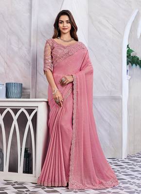 Baby pink colour shimmer silk Blend saree 1