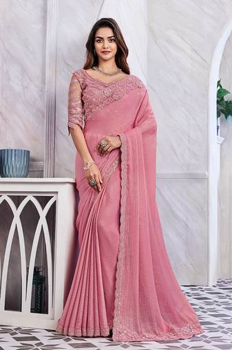 Baby pink colour shimmer silk Blend festival sarees by monjolika fashion