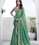 Light green colour shimmer silk blend festival sarees by monjolika fashion