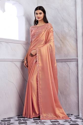 Peach colour shimmer silk festival sarees by monjolika fashion