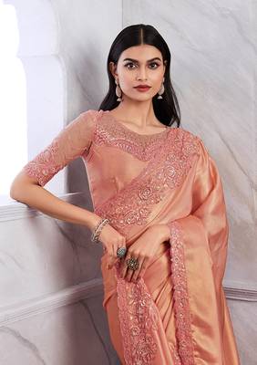 Peach colour shimmer silk blend embroidered saree 2